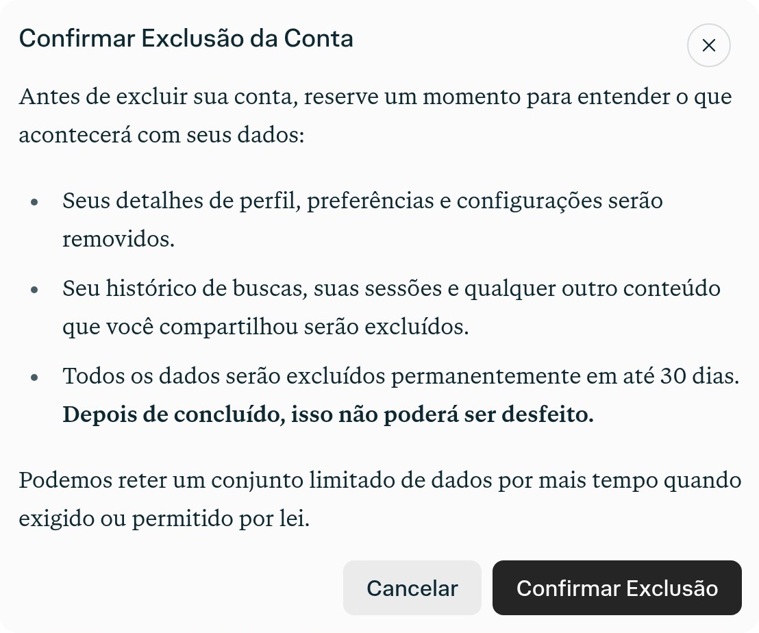 Modal Confirmar exclusão de conta nas configurações da conta Perplexity