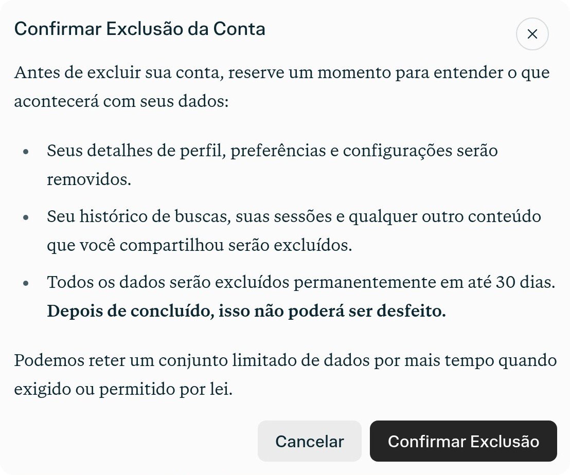 Modal Confirmar exclusão de conta nas configurações da conta Perplexity