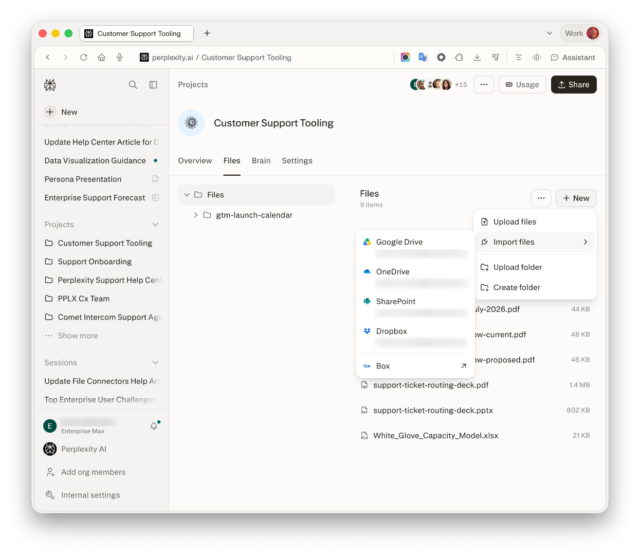 Google Drive, OneDrive, SharePoint, Dropbox, Box를 표시하는 프로젝트 파일 가져오기 메뉴.
