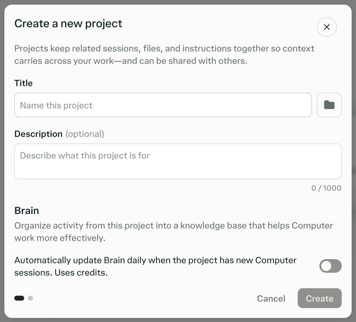 Create a new project modal in Perplexity, showing Title and Description fields and the Brain toggle