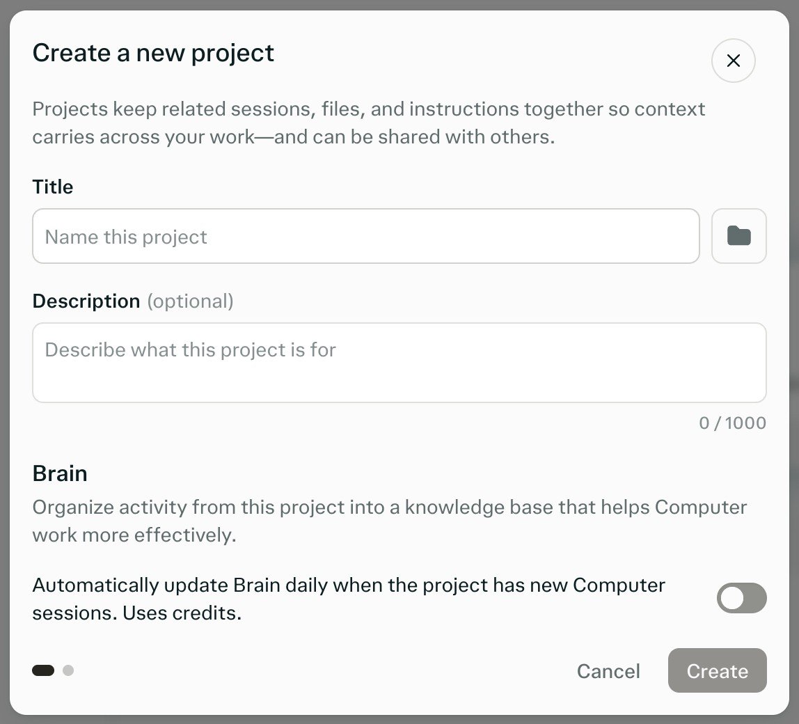 Create a new project modal in Perplexity, showing Title and Description fields and the Brain toggle