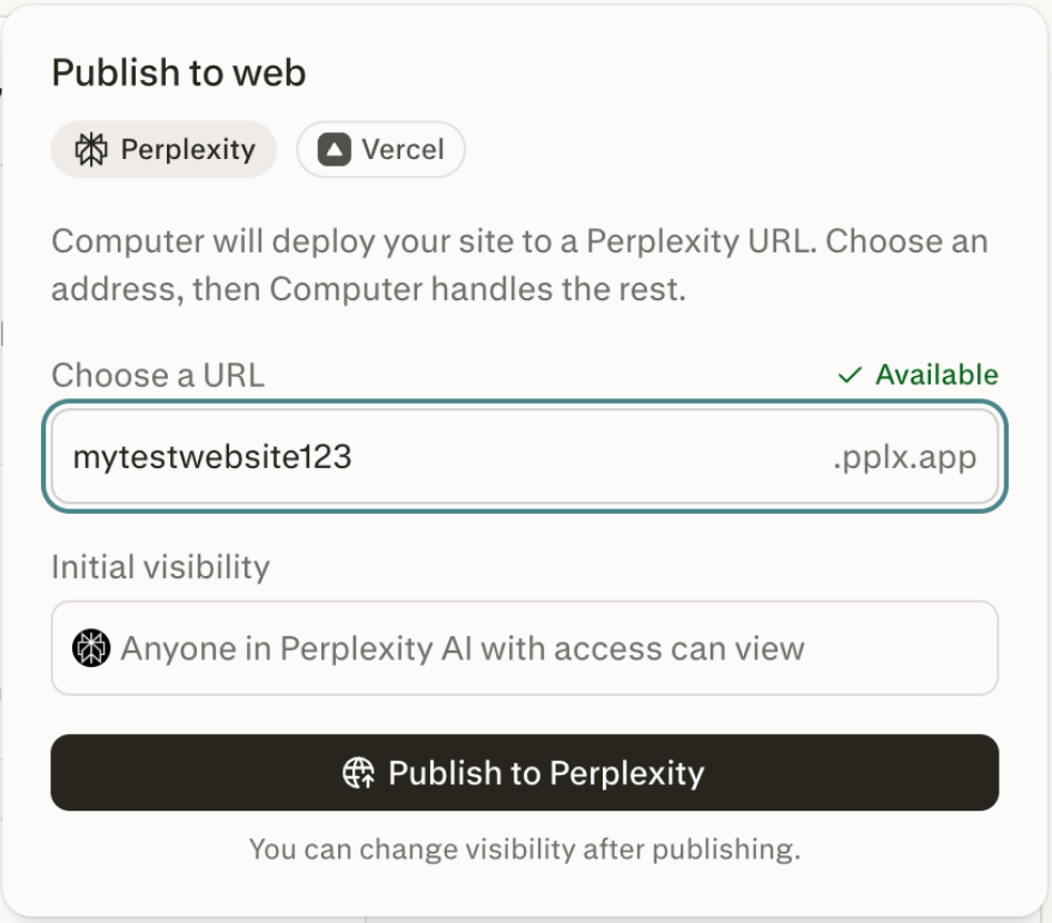 Diálogo Publicar na web com Perplexity selecionado, mostrando um seletor de URL pplx.app e a visibilidade inicial definida para a organização