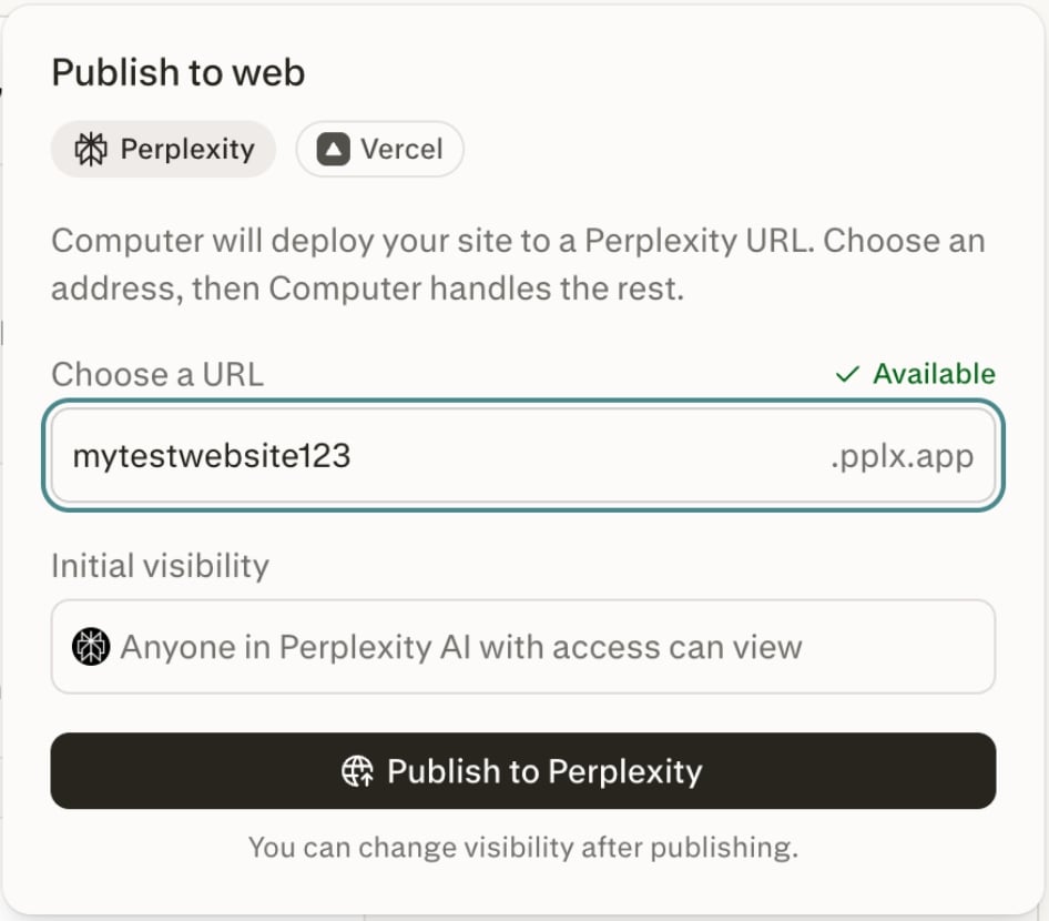 Perplexity を選択したウェブ公開ダイアログ。pplx.app URL の選択と、初期の表示範囲が組織に設定されている様子を表示。