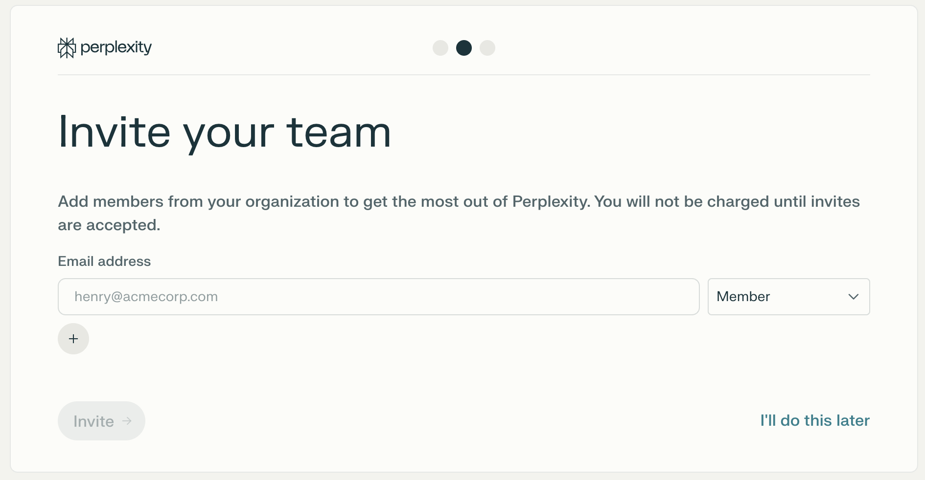 Invite your team screen with email address and role fields