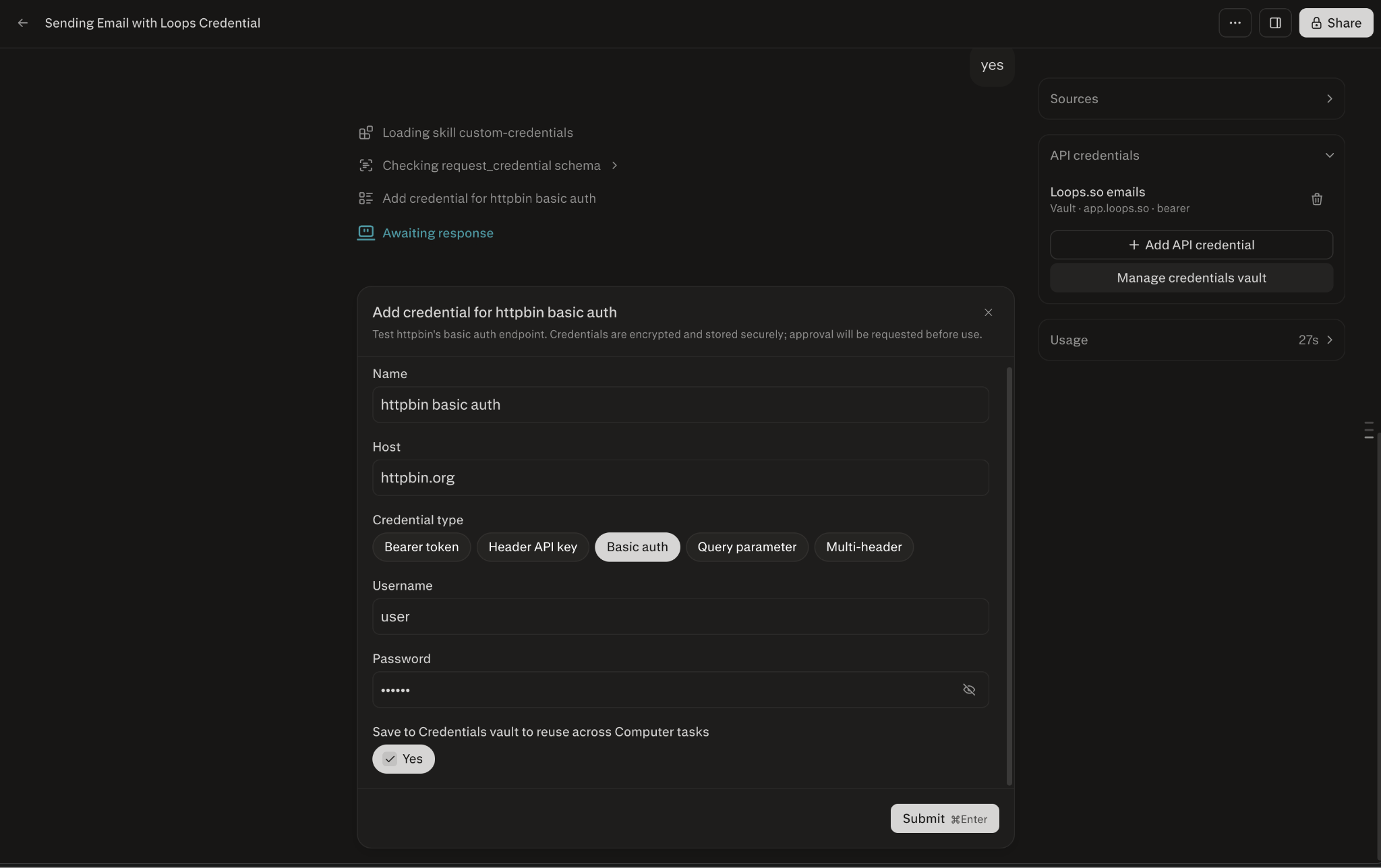 Modulo sicuro nell'attività intitolato 'Add credential for httpbin basic auth' con campi per Name, Host, Credential type, Username e Password, e un'opzione 'Save to Credentials vault to reuse across Computer tasks'.