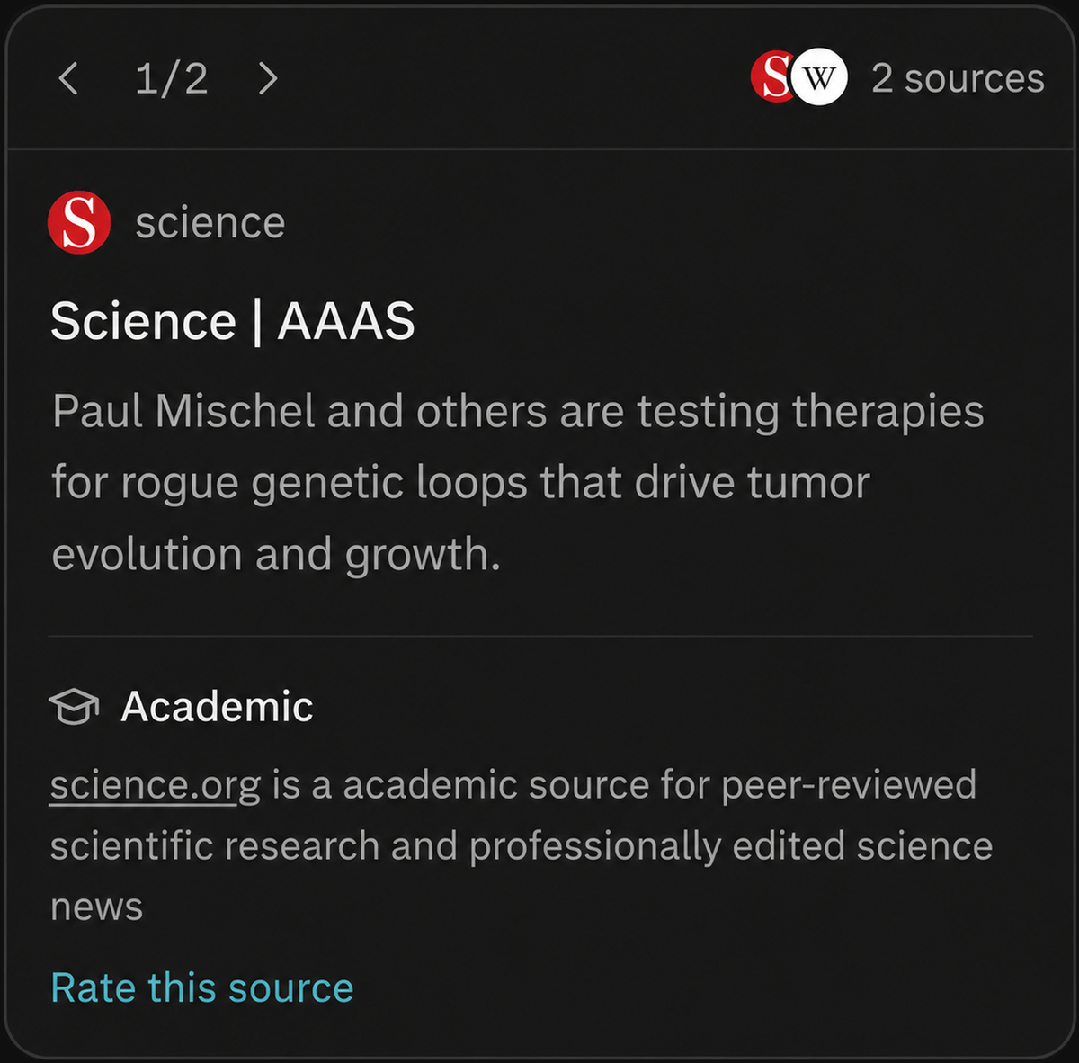 science.org 출처 상세 카드로, Academic 라벨과 "science.org is an academic source for peer-reviewed scientific research and professionally edited science news" 설명이 표시되어 있습니다.