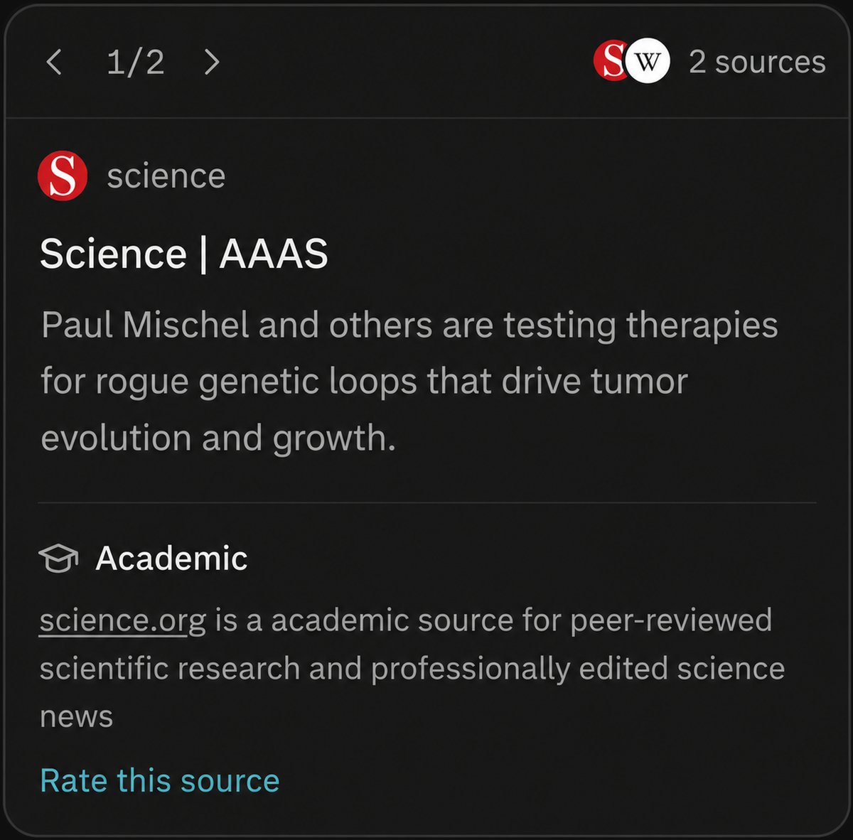 science.org 출처 상세 카드로, Academic 라벨과 "science.org is an academic source for peer-reviewed scientific research and professionally edited science news" 설명이 표시되어 있습니다.