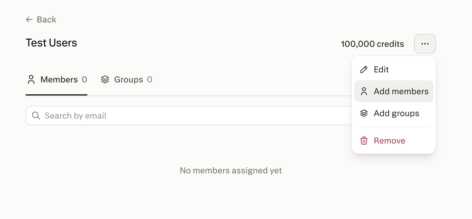 Usage limit detail page with the ellipsis menu open, showing Edit, Add members, Add groups, and Remove options.