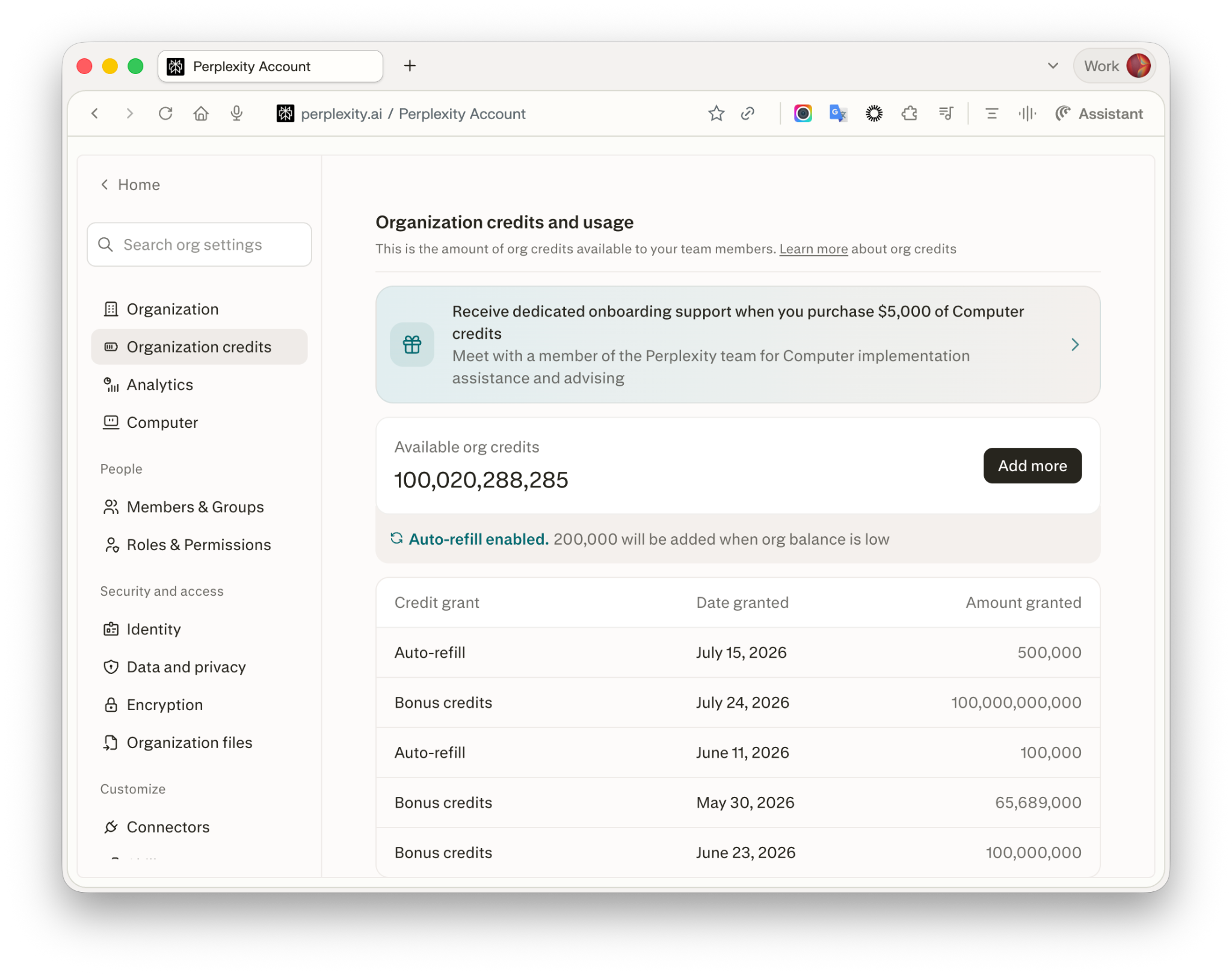 Organization credits page in the Perplexity Enterprise admin panel, showing available organization credits, auto-refill status, and recent credit grants.