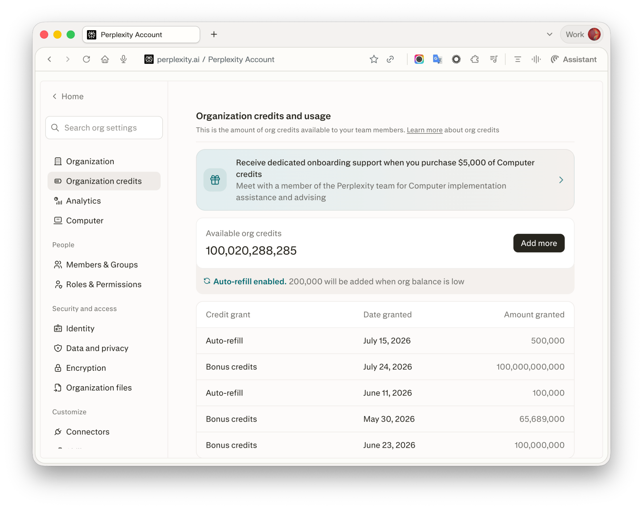 Organization credits page in the Perplexity Enterprise admin panel, showing available organization credits, auto-refill status, and recent credit grants.