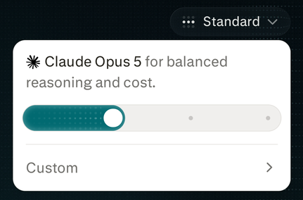 Standard स्तर पर खुला Computer का Effort चयन, जिसमें “Claude Opus 5 for balanced reasoning and cost” विवरण, चार स्थितियों वाला स्लाइडर और Custom पंक्ति दिख रही है