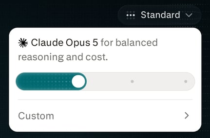 Standard स्तर पर खुला Computer का Effort चयन, जिसमें “Claude Opus 5 for balanced reasoning and cost” विवरण, चार स्थितियों वाला स्लाइडर और Custom पंक्ति दिख रही है