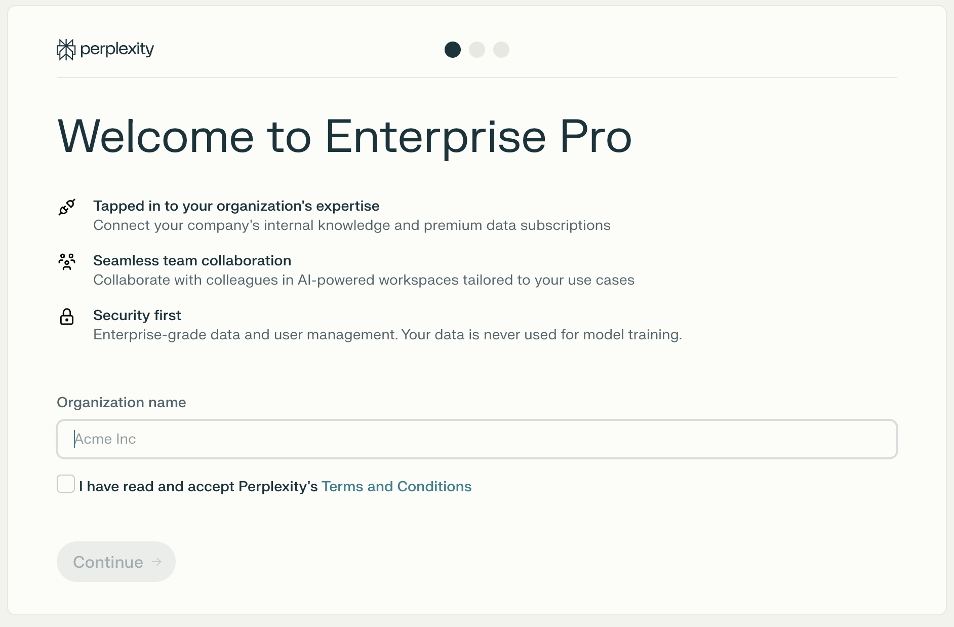 Organization setup screen with an organization name field and Terms and Conditions checkbox