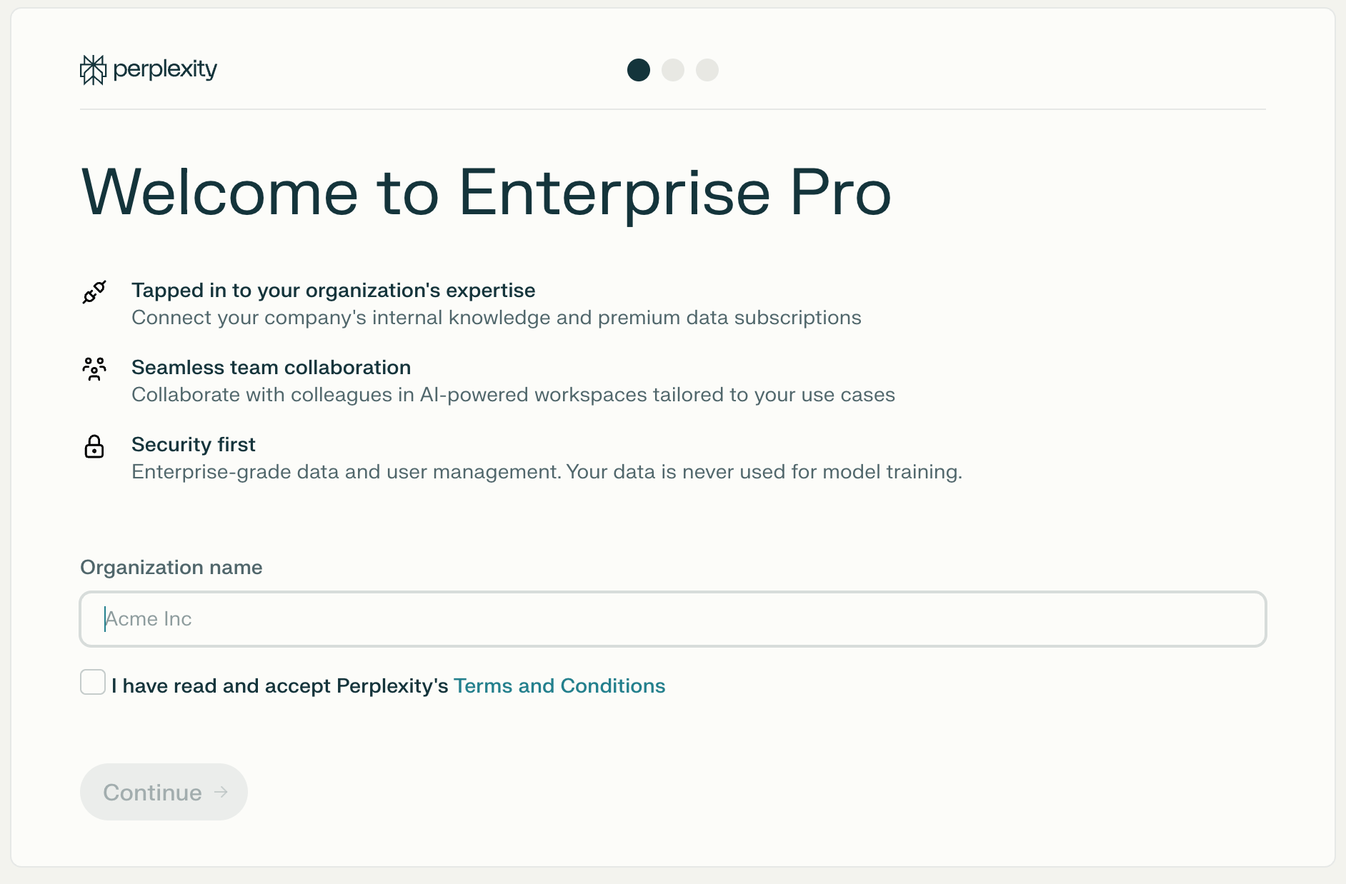 Organization setup screen with an organization name field and Terms and Conditions checkbox