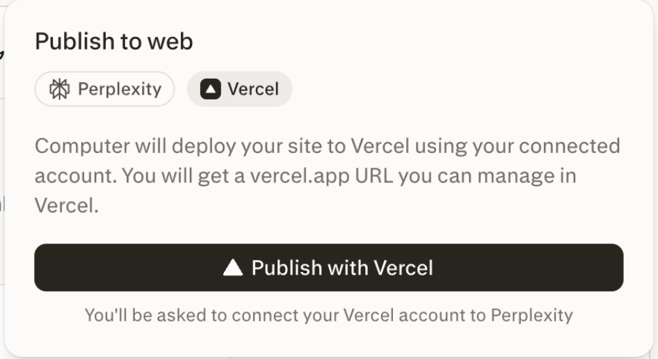 Diálogo de publicação na web com Vercel selecionado, mostrando o botão Publicar com a Vercel e uma observação sobre conectar uma conta da Vercel