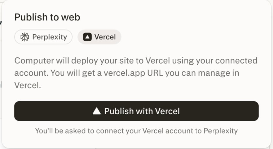 Vercel を選択したウェブ公開ダイアログ。「Vercel で公開」ボタンと、Vercel アカウントの接続に関する注記を表示。