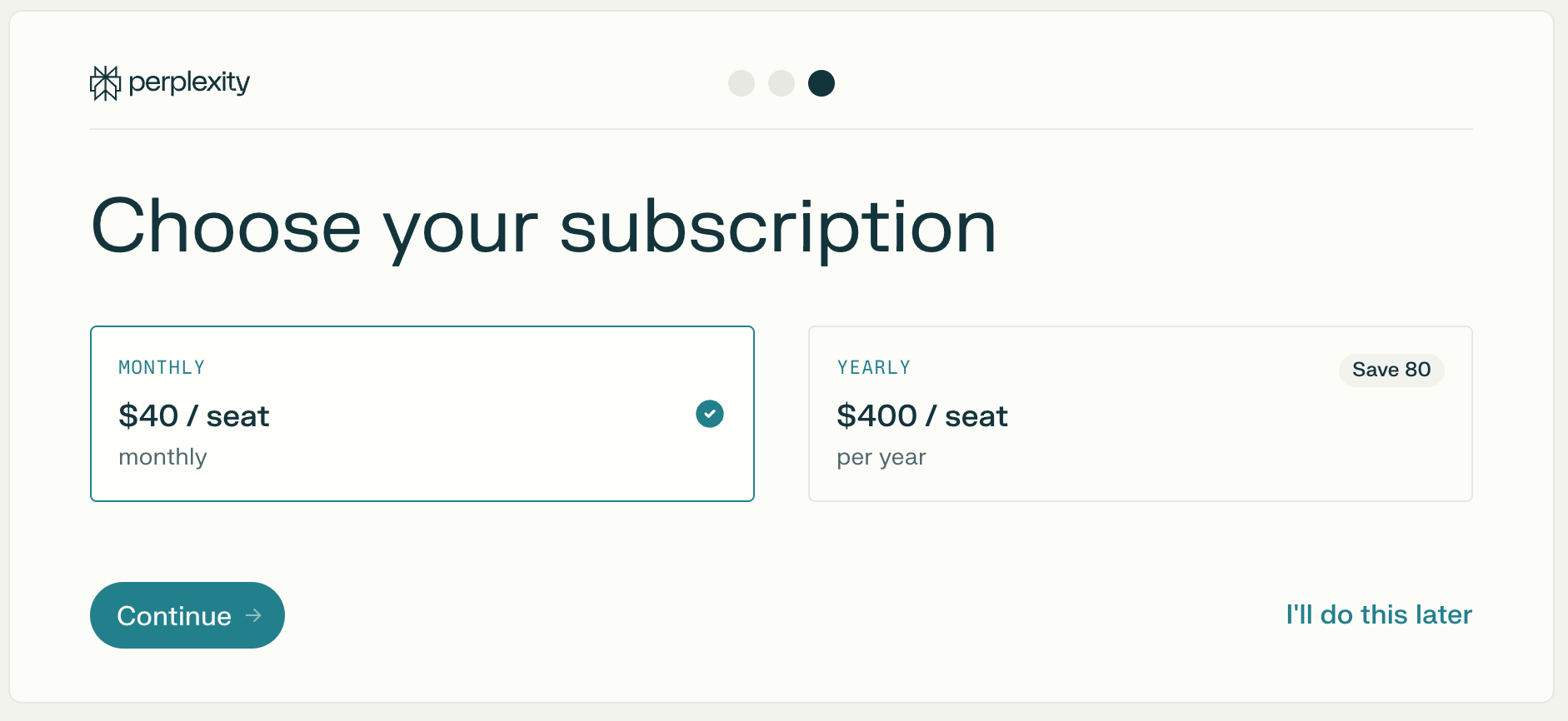 Choose your subscription screen with monthly and yearly Enterprise Pro plans