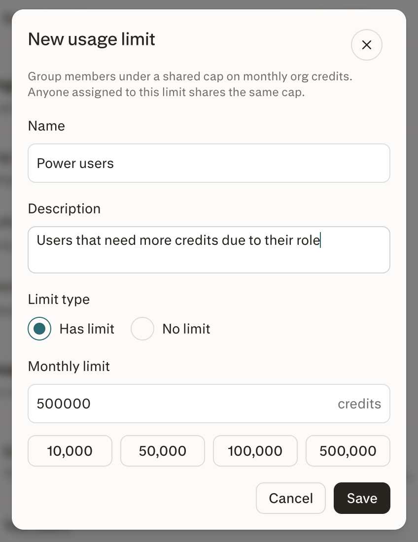 New usage limit modal titled "New usage limit" with fields for Name, Description, Limit type (Has limit selected), and Monthly limit, plus quick-select credit amount chips.