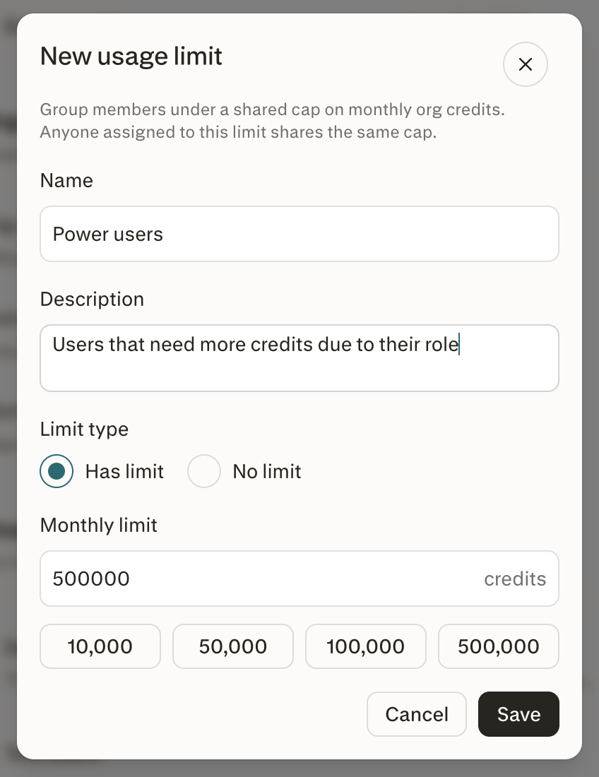 New usage limit modal titled "New usage limit" with fields for Name, Description, Limit type (Has limit selected), and Monthly limit, plus quick-select credit amount chips.