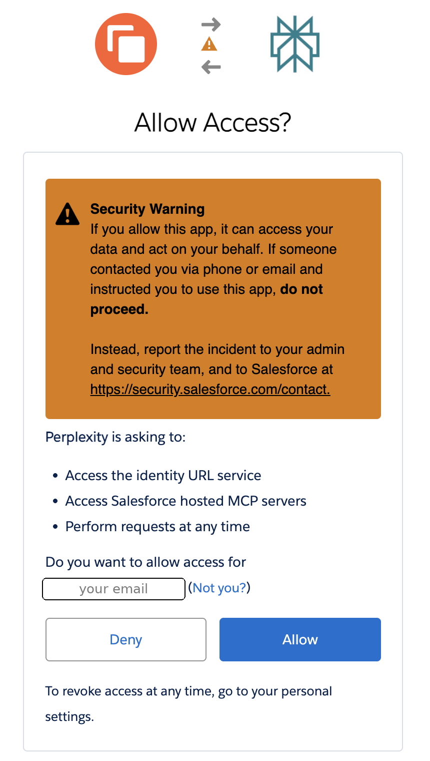Экран Salesforce Allow Access с разрешениями, которые запрашивает Perplexity, и кнопками Deny и Allow
