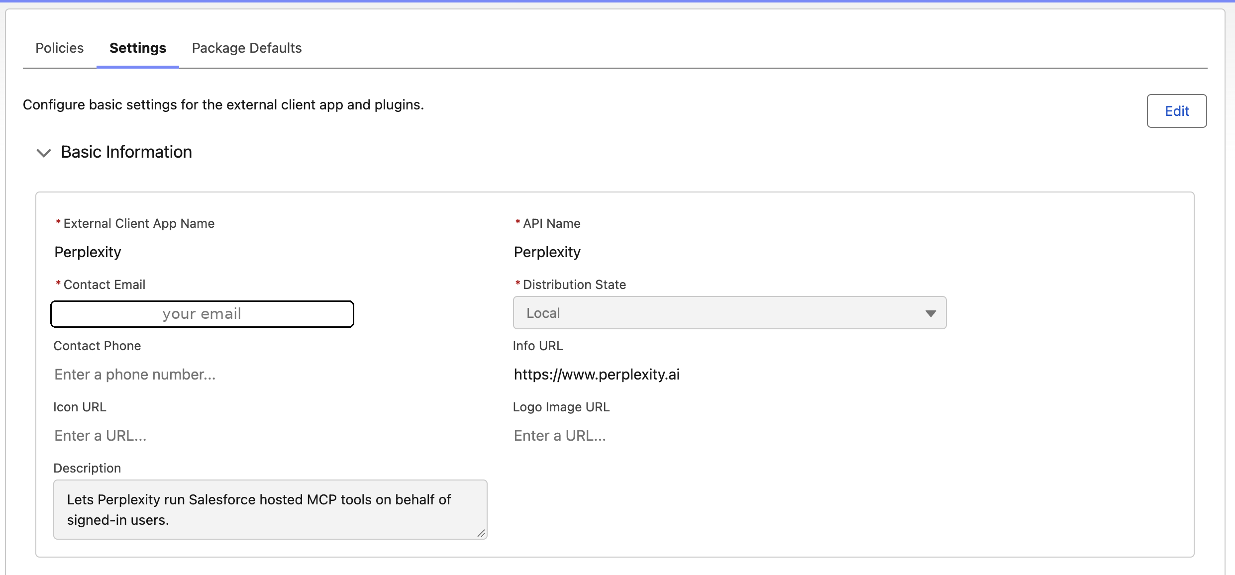 Раздел Basic Information с именем приложения Perplexity и значением Local для Distribution State