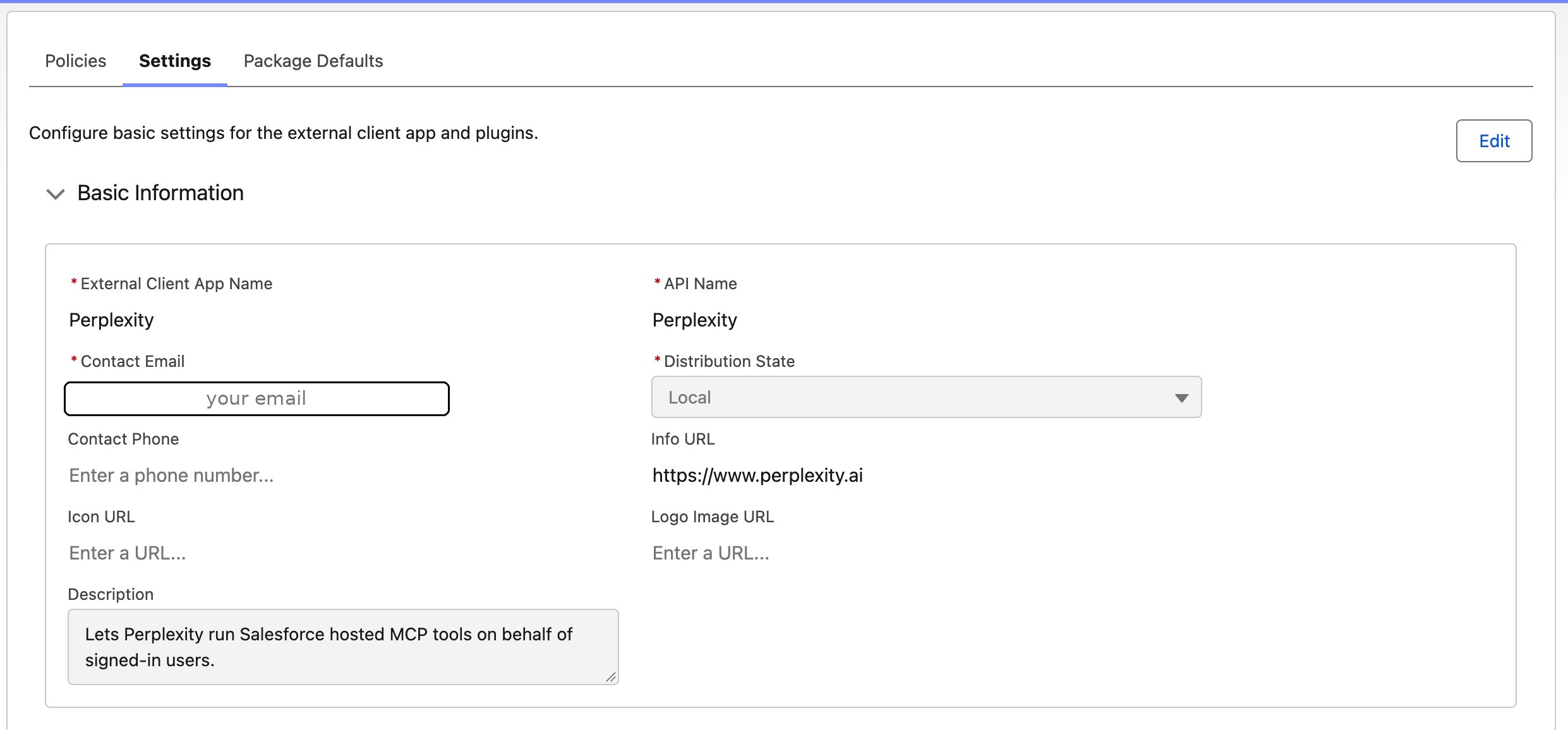 Раздел Basic Information с именем приложения Perplexity и значением Local для Distribution State