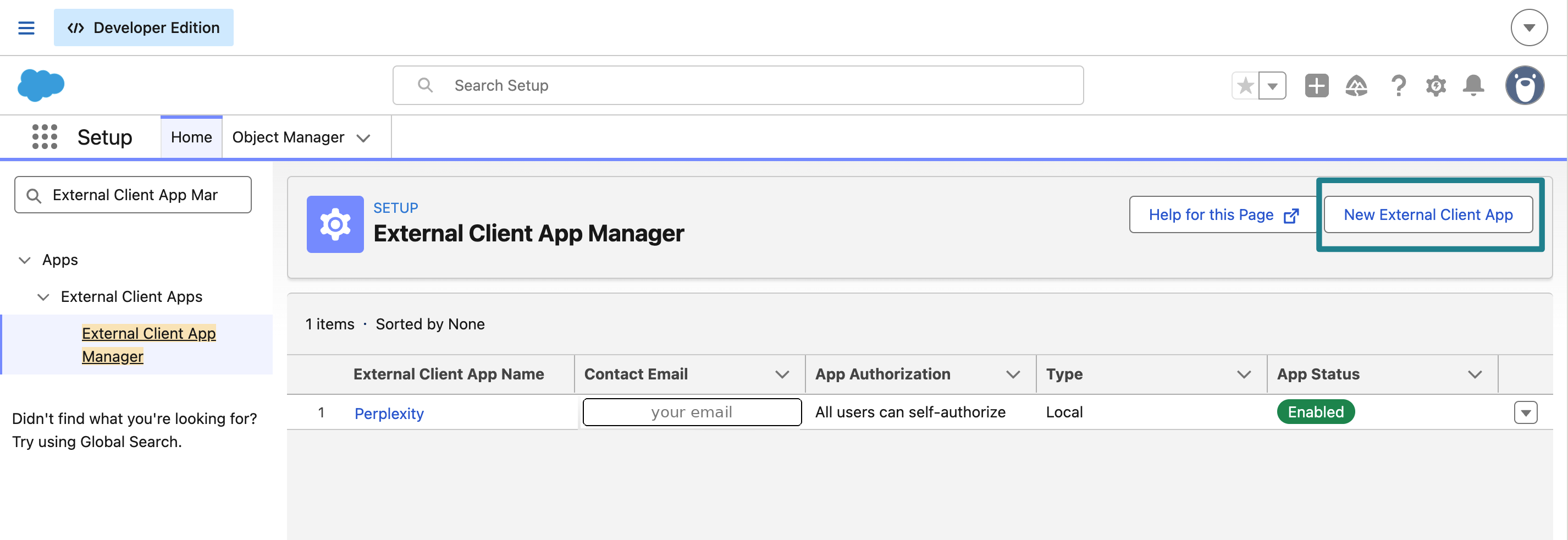 External Client App Manager с кнопкой New External Client App