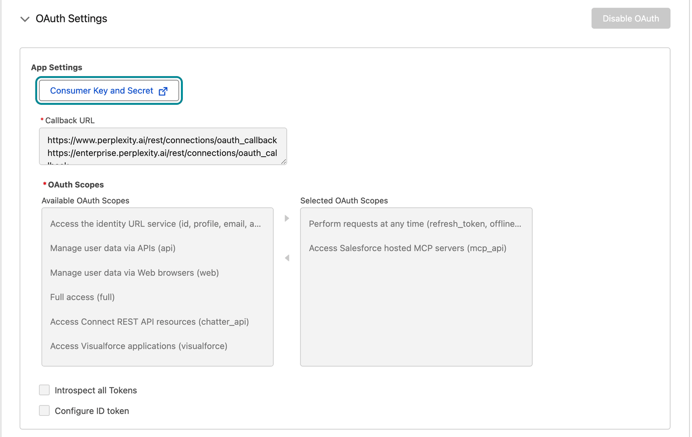 OAuth Settings с обоими URL обратного вызова Perplexity и выбранными областями доступа mcp_api и refresh_token