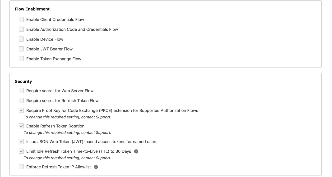 Настройки Flow Enablement и Security с включёнными PKCE и токенами доступа на основе JWT