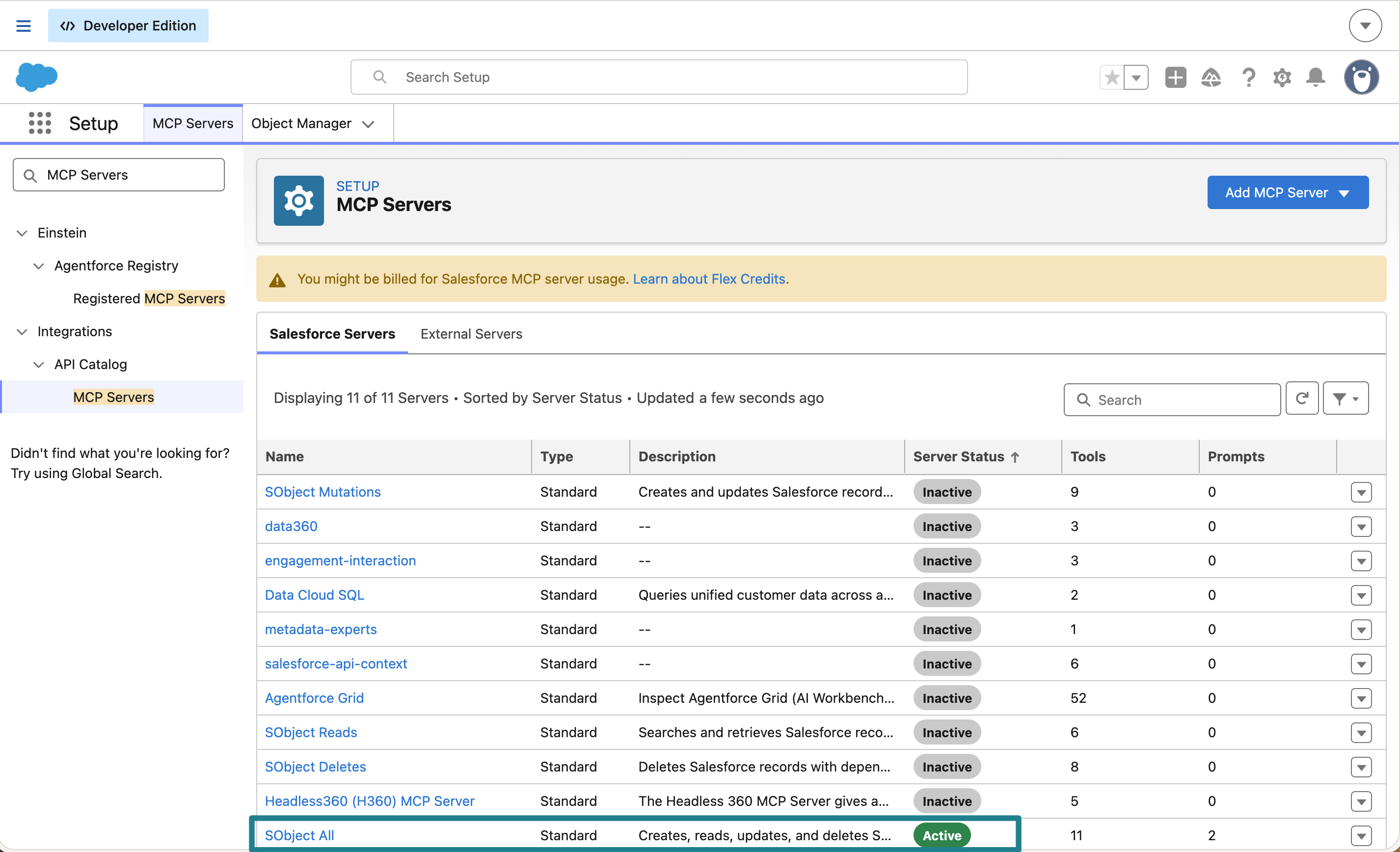 Список MCP Servers в Salesforce Setup: SObject All имеет статус Active, остальные стандартные серверы — Inactive