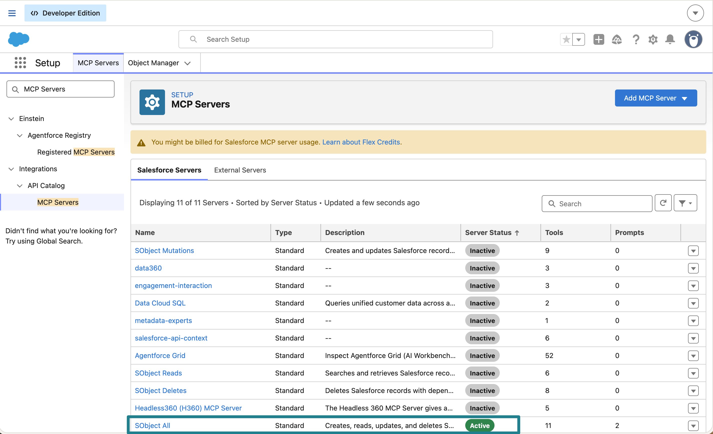 Список MCP Servers в Salesforce Setup: SObject All имеет статус Active, остальные стандартные серверы — Inactive