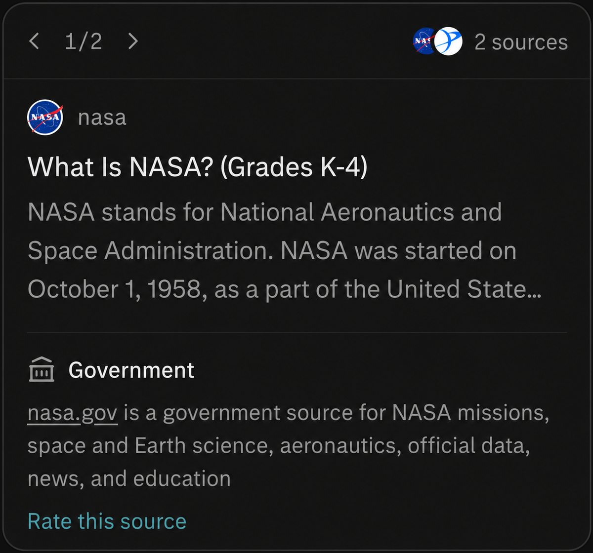 nasa.gov 출처 상세 카드로, Government 라벨과 "nasa.gov is a government source for NASA missions, space and Earth science, aeronautics, official data, news, and education" 설명이 표시되어 있습니다.