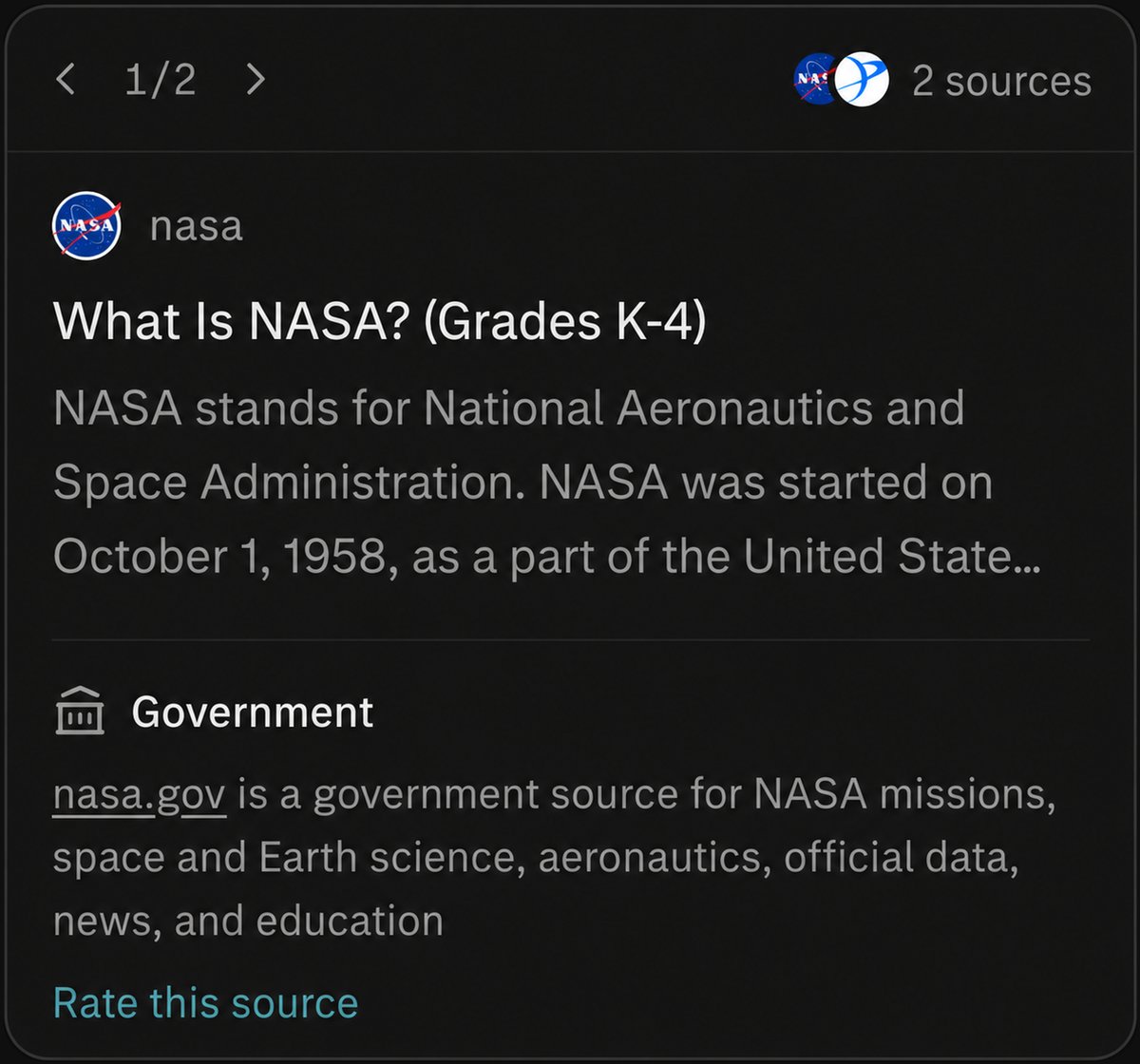 nasa.gov 출처 상세 카드로, Government 라벨과 "nasa.gov is a government source for NASA missions, space and Earth science, aeronautics, official data, news, and education" 설명이 표시되어 있습니다.