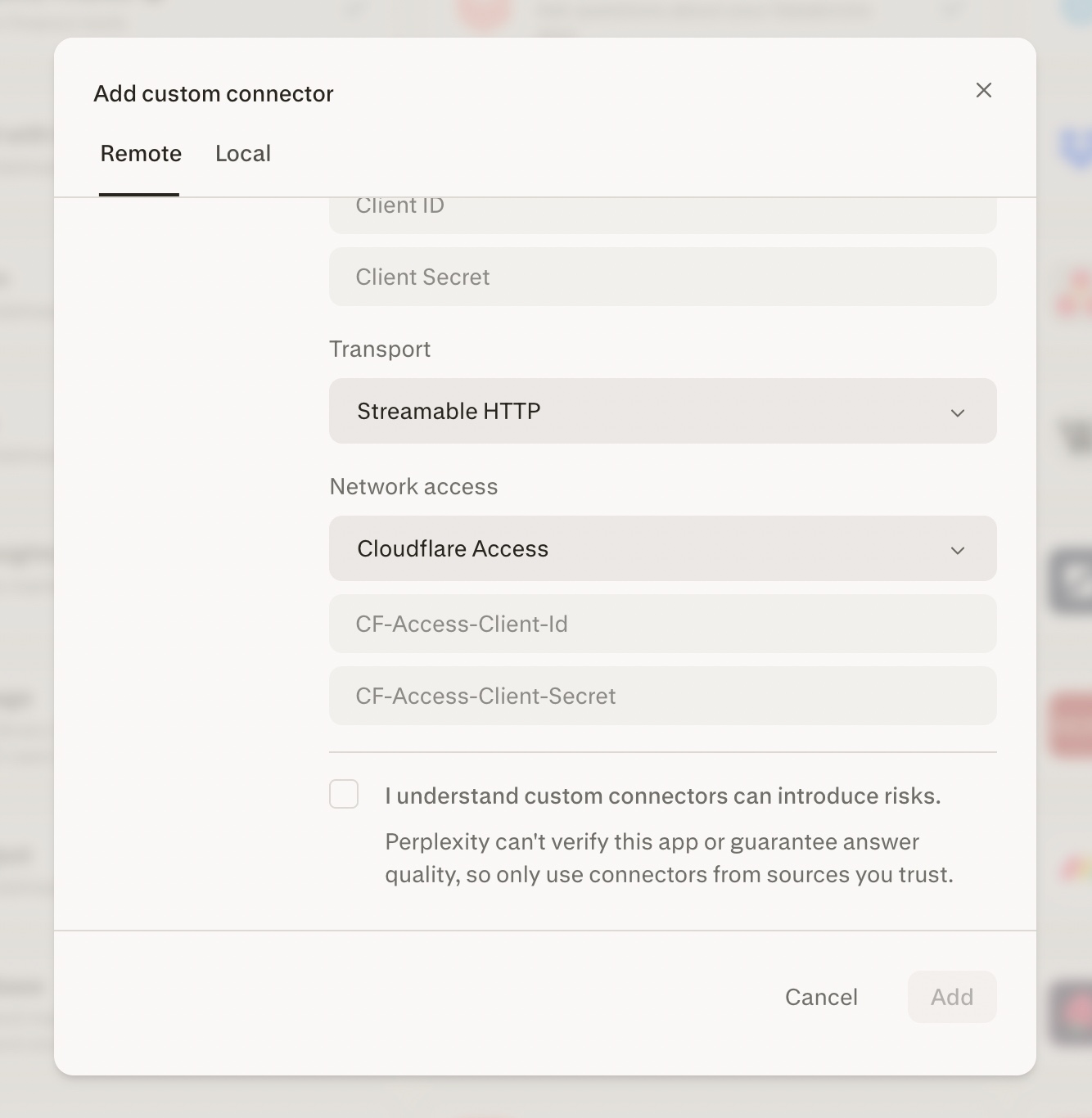 Network accessをCloudflare Accessに設定し、CF-Access-Client-IdおよびCF-Access-Client-Secretフィールドを表示した、カスタムコネクタ追加モーダル