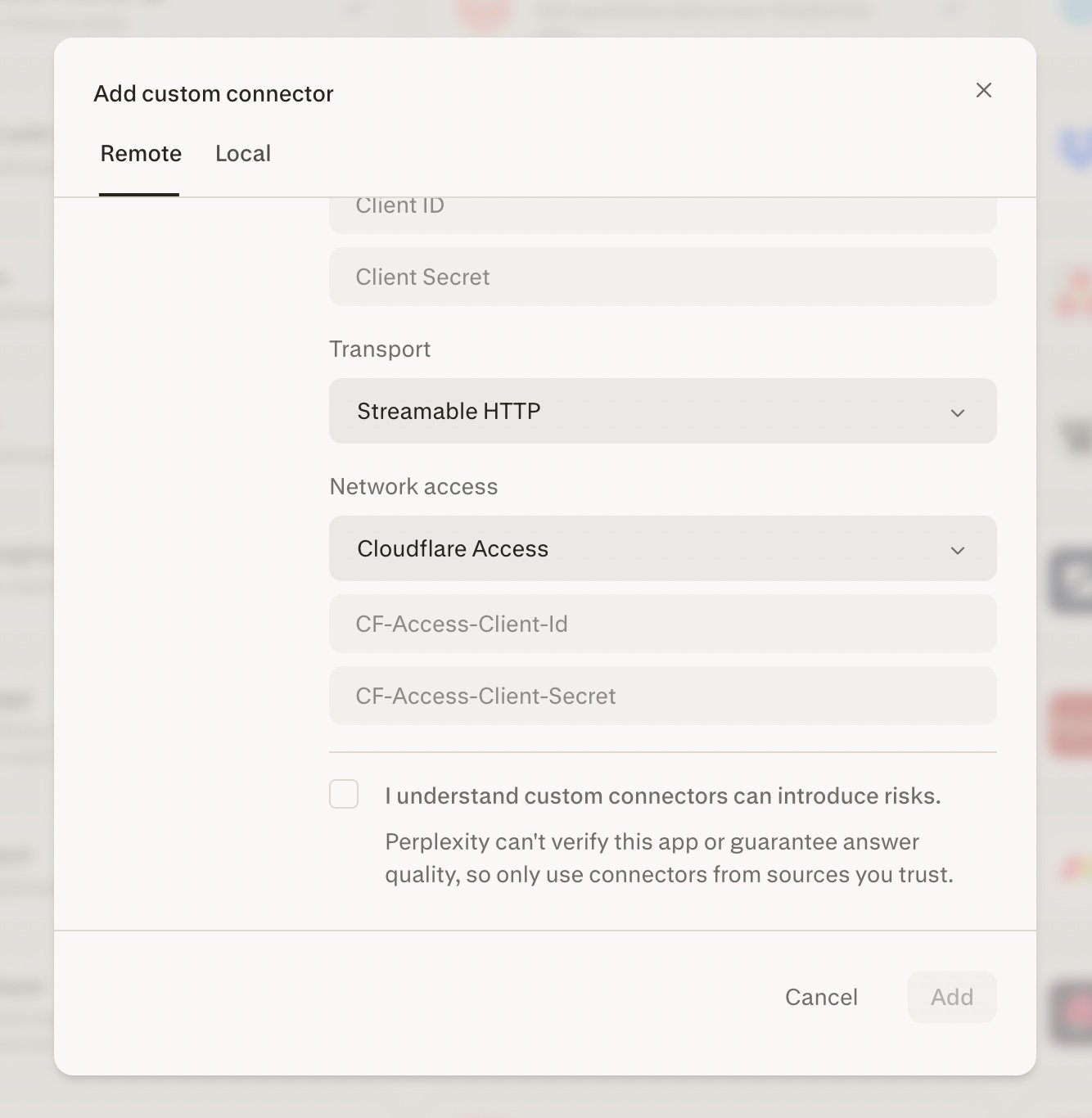 添加自定义连接器弹窗,网络访问设置为 Cloudflare Access,并显示 CF-Access-Client-Id 和 CF-Access-Client-Secret 字段