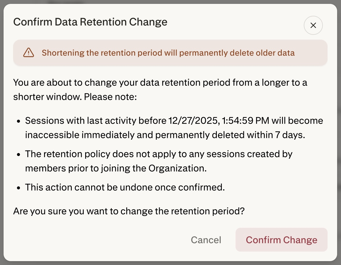 Confirm Data Retention Change dialog