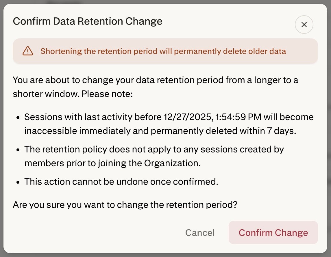 Confirm Data Retention Change dialog