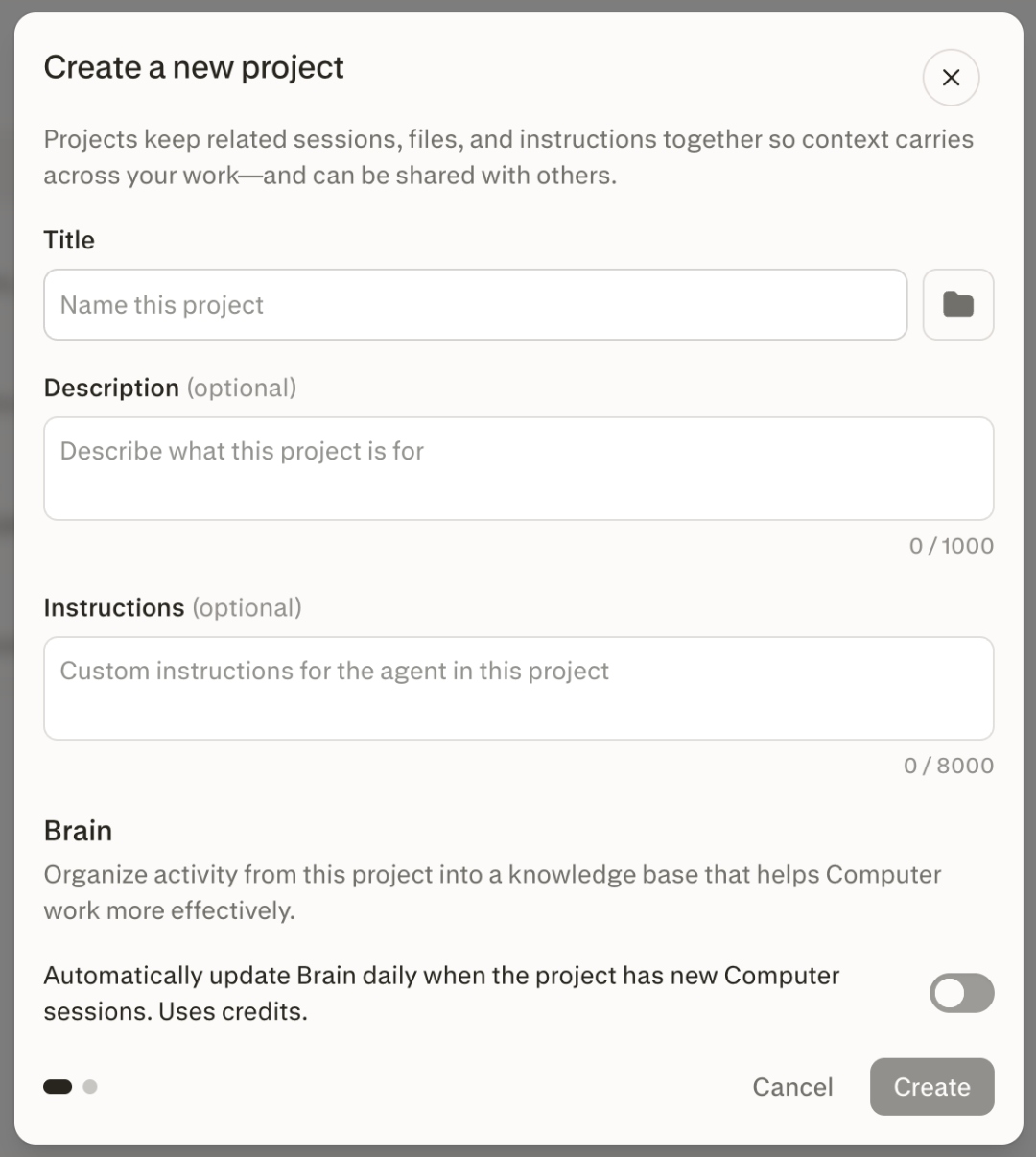 Create a new project modal in Perplexity, showing Title, Description, Instructions, and Brain toggle fields