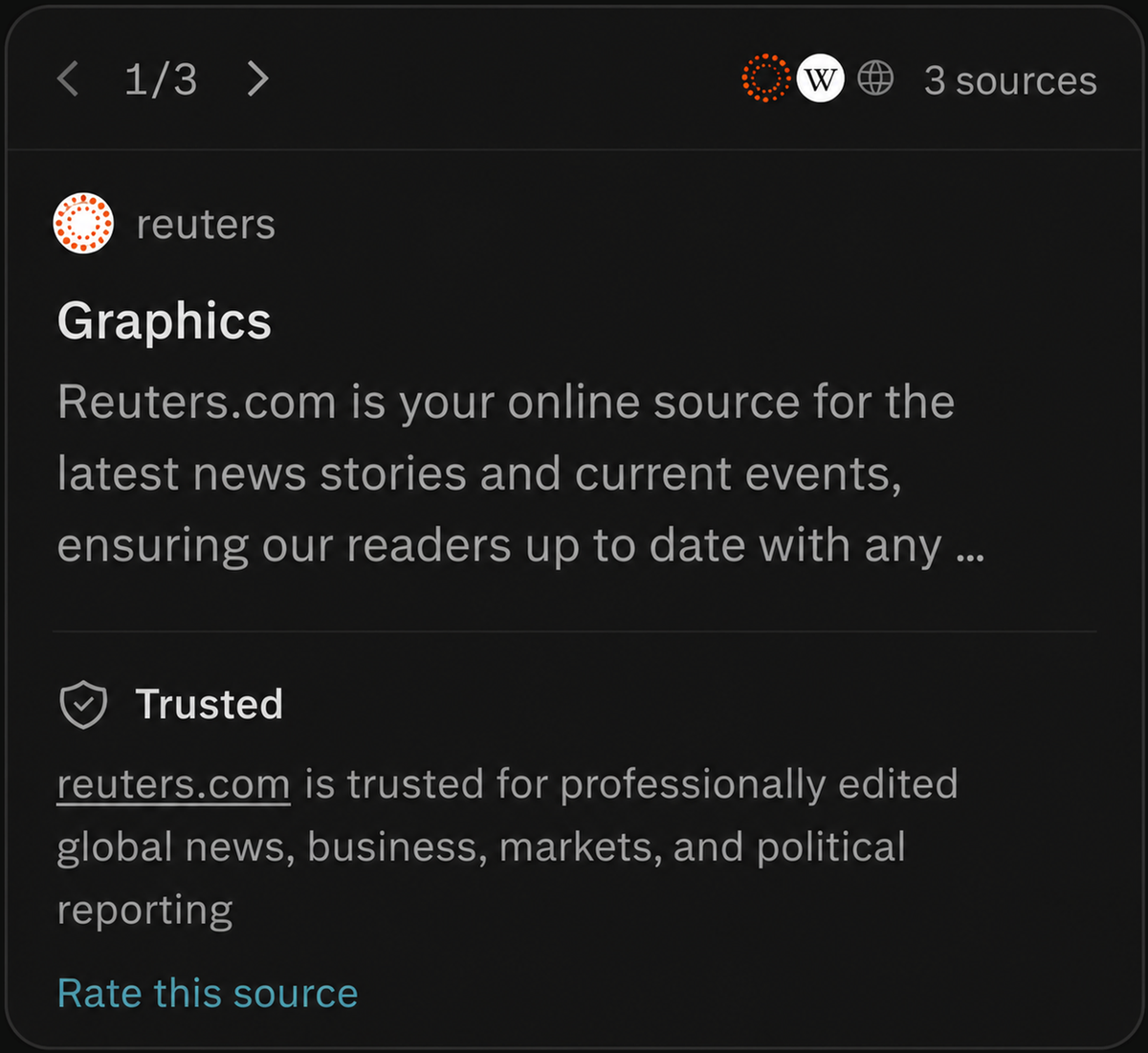 reuters.com 출처 상세 카드로, Trusted 라벨과 "reuters.com is trusted for professionally edited global news, business, markets, and political reporting" 설명이 표시되어 있습니다.