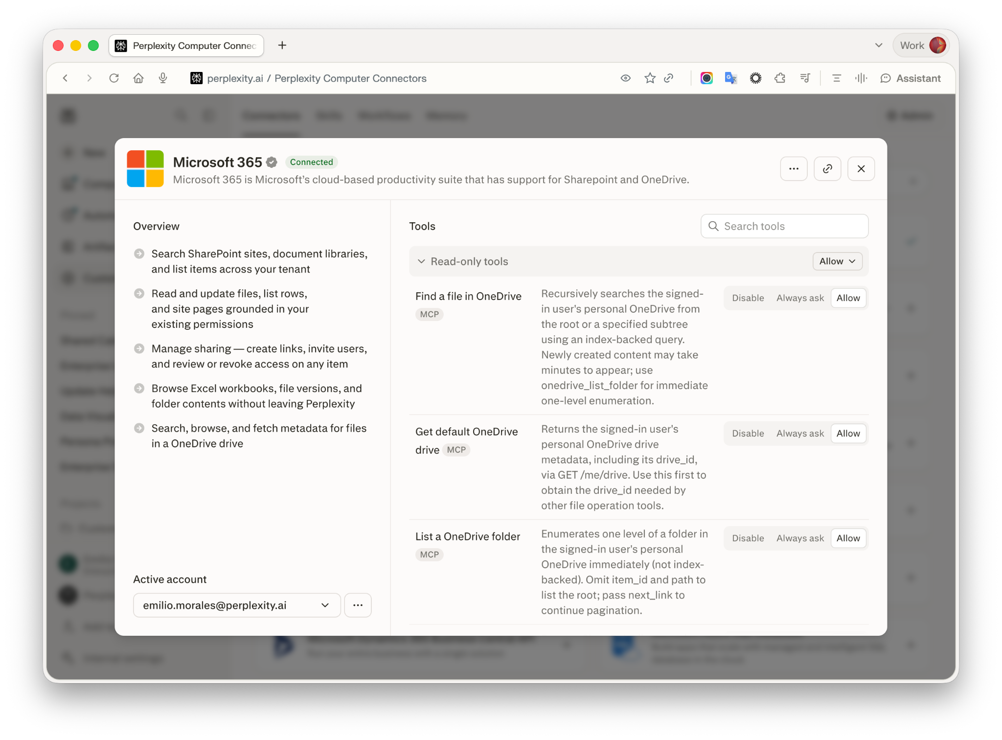 Microsoft 365 tool permissions panel in Settings → Connectors