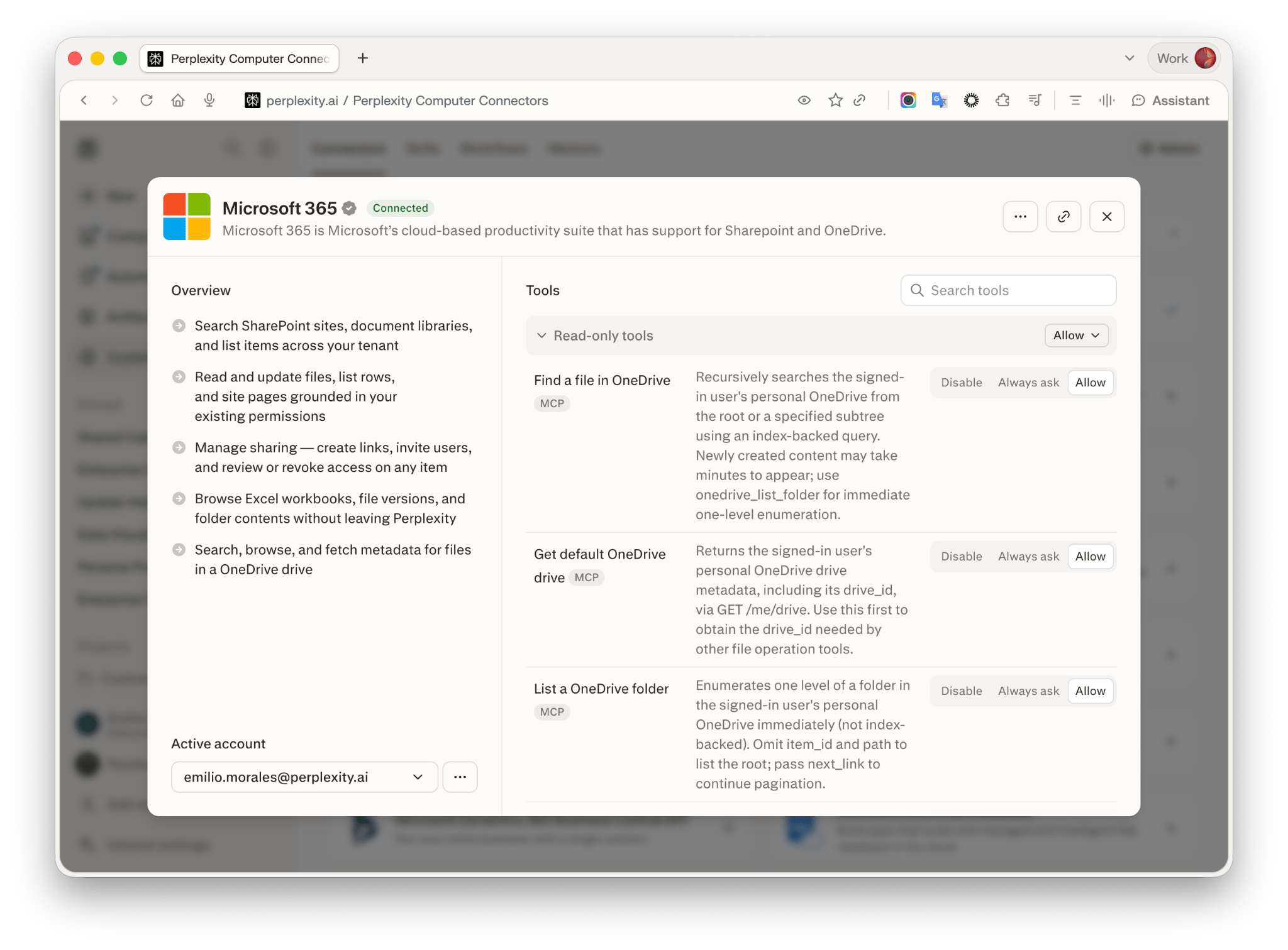 Pannello delle autorizzazioni degli strumenti Microsoft 365 in Impostazioni → Connettori