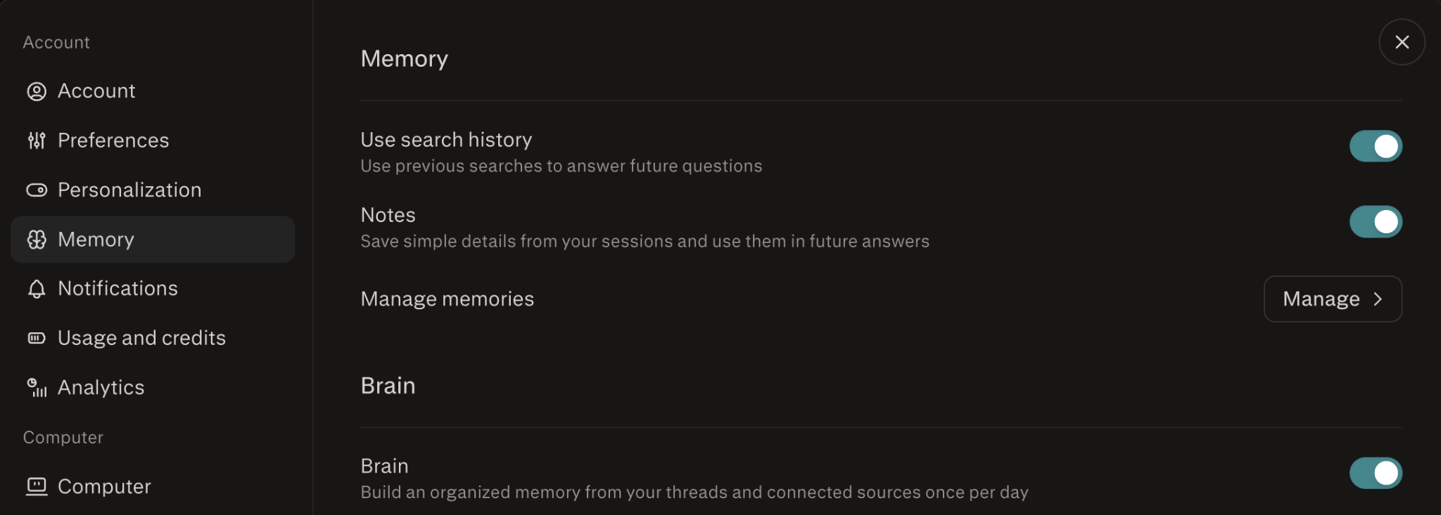 Impostazioni di Perplexity → pannello Memoria con le opzioni Usa cronologia di ricerca, Note, Gestisci memorie e i toggle Brain