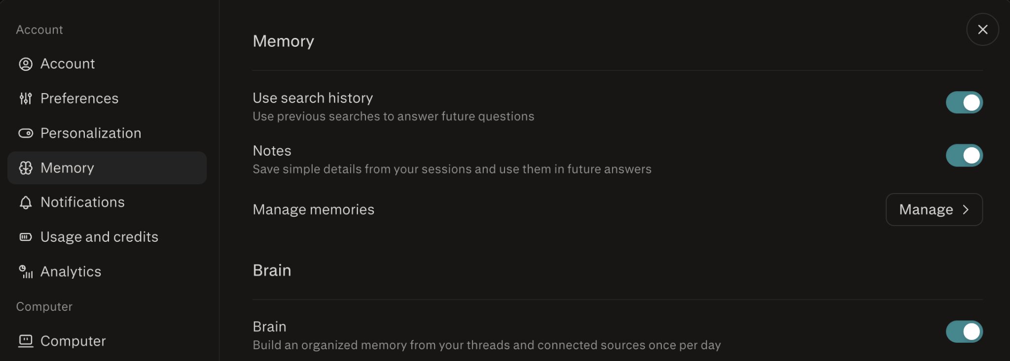 Impostazioni di Perplexity → pannello Memoria con le opzioni Usa cronologia di ricerca, Note, Gestisci memorie e i toggle Brain