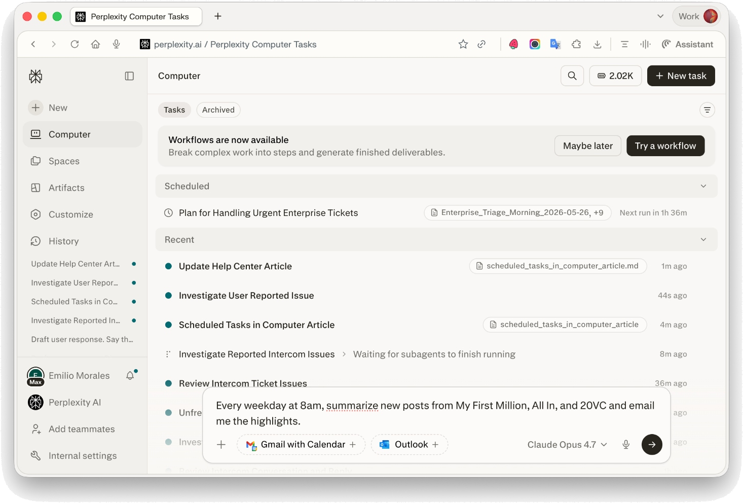 Pagina Computer Tasks con un prompt di attività ricorrente inserito nella casella di input