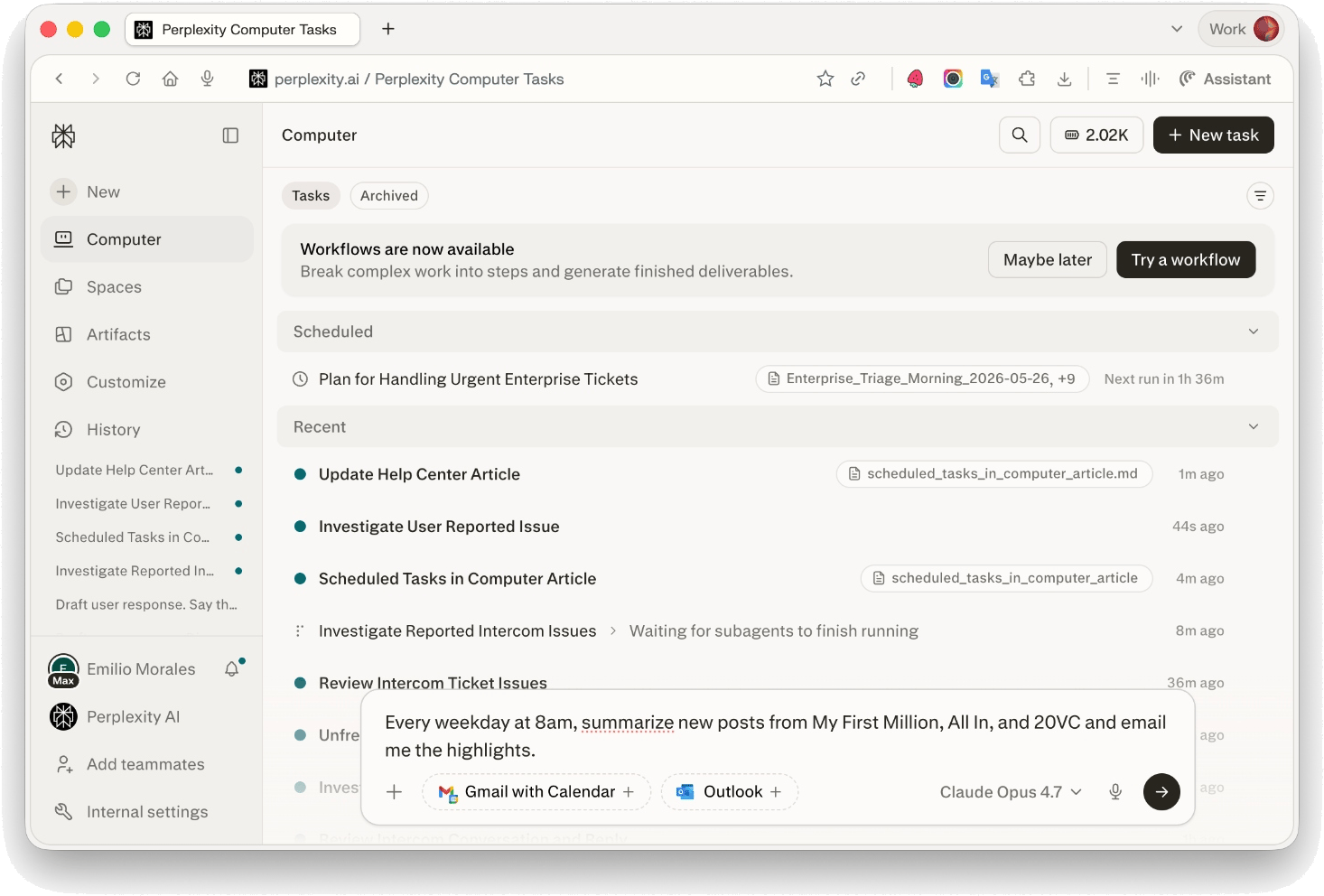 Pagina Computer Tasks con un prompt di attività ricorrente inserito nella casella di input