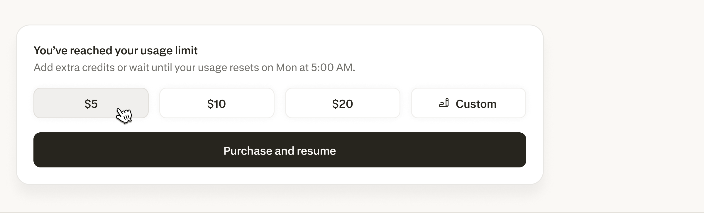 Message in a blocked session: You've reached your usage limit. Add extra credits or wait until your usage resets, with credit amount options and a Purchase and resume button
