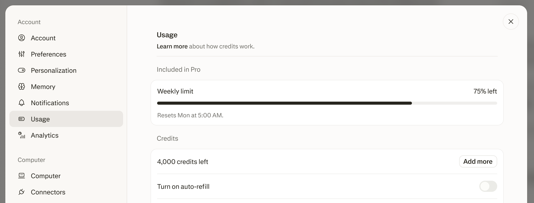 Usage page showing the Included in Pro section with a Weekly limit bar at 75% left, the reset time, and the Credits section below