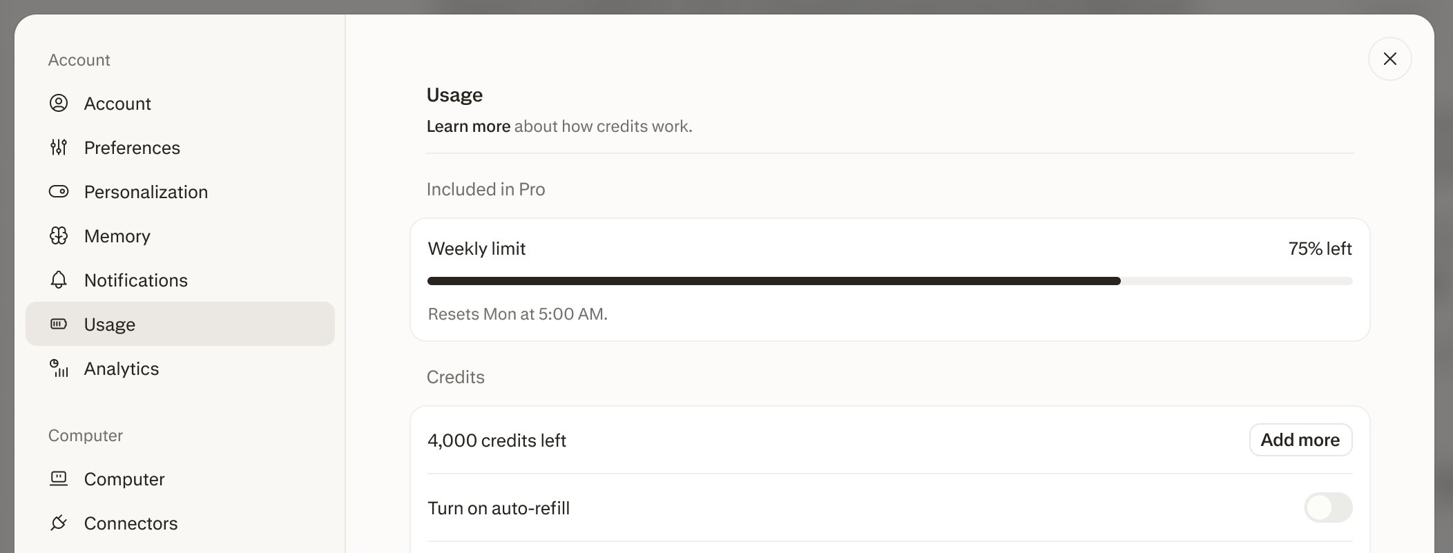 Usage page showing the Included in Pro section with a Weekly limit bar at 75% left, the reset time, and the Credits section below