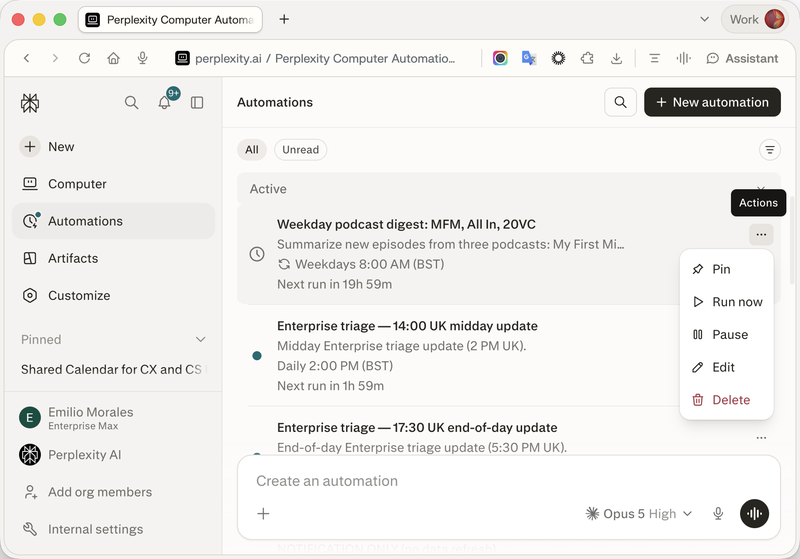 Le tableau de bord Automatisations avec le menu Actions d’une ligne ouvert, affichant Épingler, Exécuter maintenant, Mettre en pause, Modifier et Supprimer