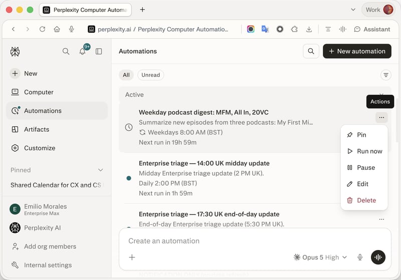 Le tableau de bord Automatisations avec le menu Actions d’une ligne ouvert, affichant Épingler, Exécuter maintenant, Mettre en pause, Modifier et Supprimer